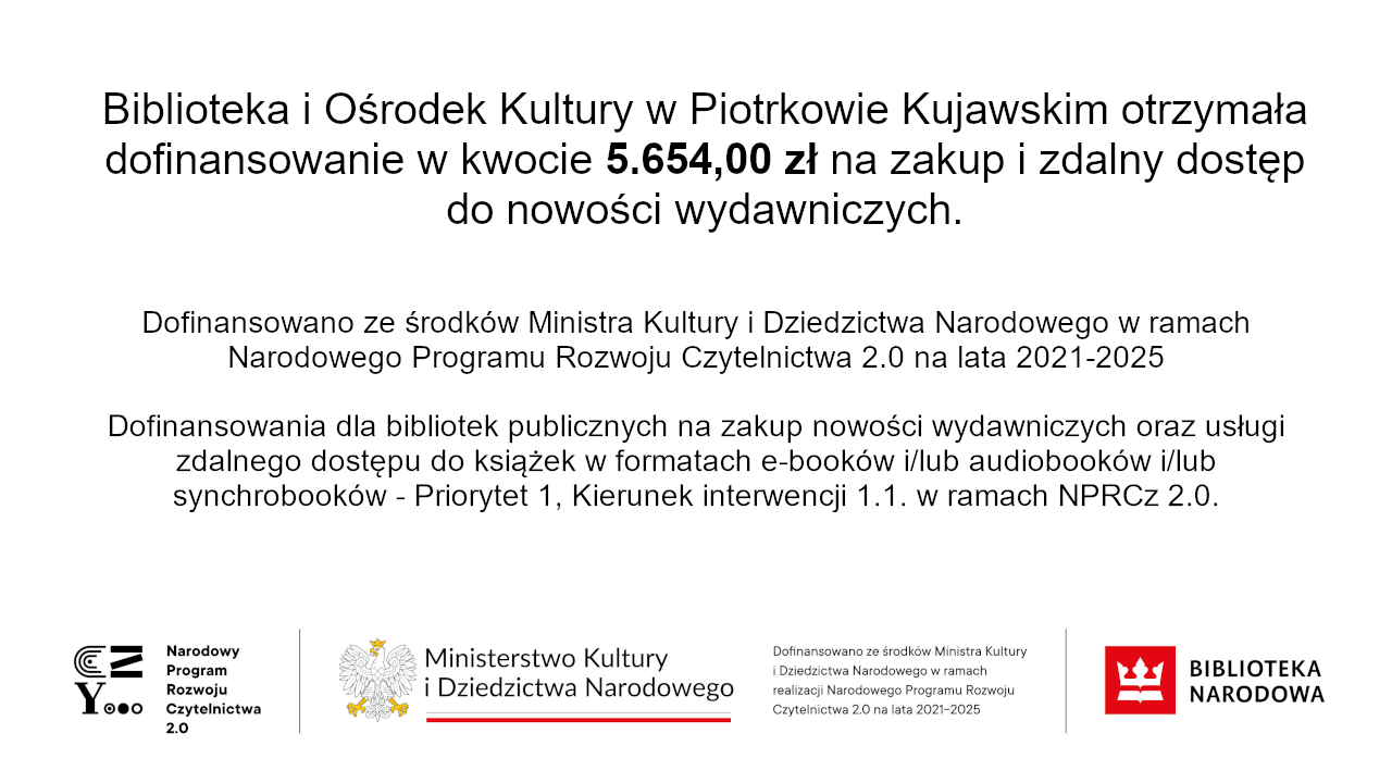 Informacja - Dofinansowanie ze środków Ministra Kultury i Dziedzictwa Narodowego w ramach Narodowego Programu Rozwoju Czytelnictwa 2.0 na lata 2021-2025